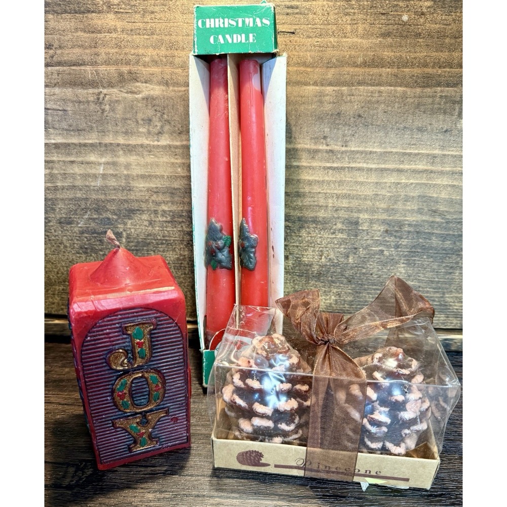 Vintage Christmas Candle Lot – JOY Block, 10" Tapers, Pinecone Candles‎